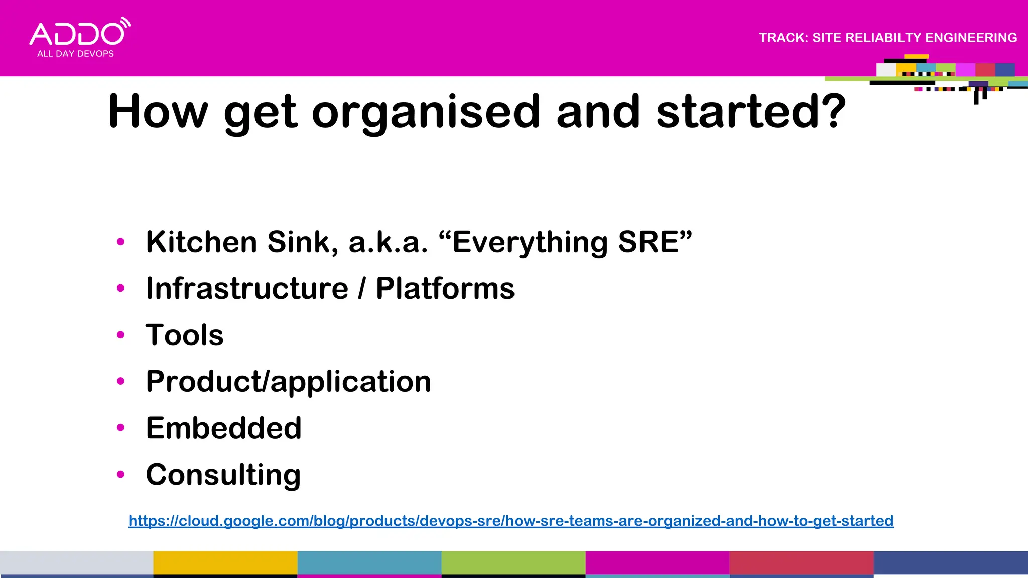 TRACK: SITE RELIABILTY ENGINEERING
• Kitchen Sink, a.k.a. “Everything SRE”
• Infrastructure / Platforms
• Tools
• Product/application
• Embedded
• Consulting
How get organised and started?
https://cloud.google.com/blog/products/devops-sre/how-sre-teams-are-organized-and-how-to-get-started
 