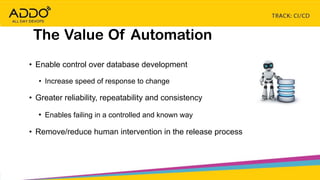 TRACK: CI/CD CONTINUOUS EVERYTHING
The Value Of Automation
• Enable control over database development
• Increase speed of response to change
• Greater reliability, repeatability and consistency
• Enables failing in a controlled and known way
• Remove/reduce human intervention in the release process
 