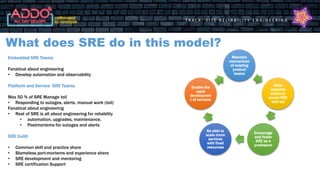 T R A C K : S I T E R E L I A B I L I T Y E N G I N E E R I N G
What does SRE do in this model?
Embedded SRE Teams
Fanatical about engineering
• Develop automation and observability
Platform and Service SRE Teams
Max 50 % of SRE Manage toil
• Responding to outages, alerts, manual work (toil)
Fanatical about engineering
• Rest of SRE is all about engineering for reliability
• automation, upgrades, maintenance,
• Postmortems for outages and alerts
SRE Guild
• Common skill and practice share
• Blameless port-mortems and experience share
• SRE development and mentoring
• SRE certification Support
Maintain
momentum
of existing
product
teams
Allow
separate
teams to
evolve SRE
skill set
Encourage
and foster
SRE as a
profession
Be able to
scale more
services
with fixed
resources
Enable the
rapid
developmen
t of services
 