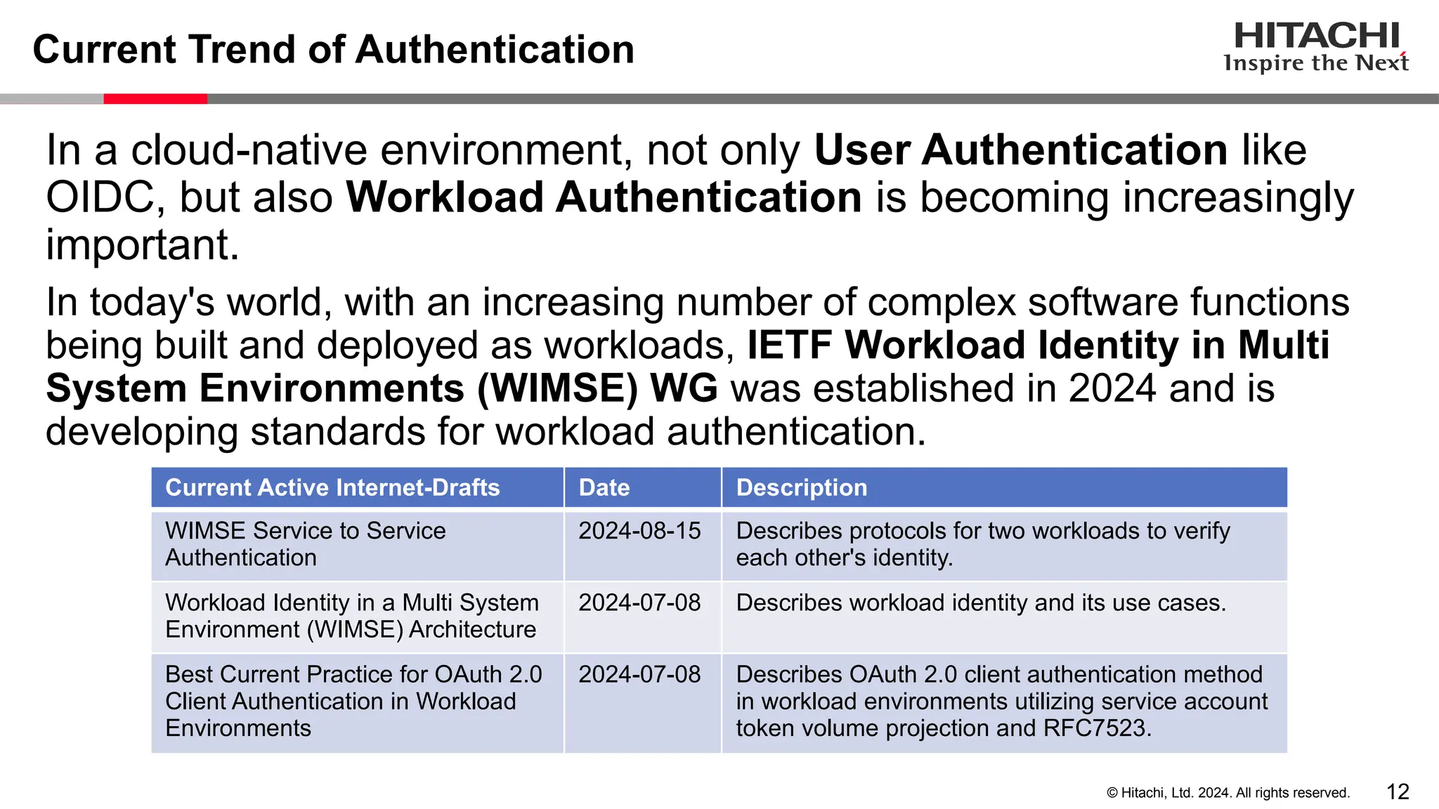 12 © Hitachi, Ltd. 2024. All rights reserved. Current Trend of Authentication In a cloud-native environment, not only User Authentication like OIDC, but also Workload Authentication is becoming increasingly important. In today's world, with an increasing number of complex software functions being built and deployed as workloads, IETF Workload Identity in Multi System Environments (WIMSE) WG was established in 2024 and is developing standards for workload authentication. Current Active Internet-Drafts Date Description WIMSE Service to Service Authentication 2024-08-15 Describes protocols for two workloads to verify each other's identity. Workload Identity in a Multi System Environment (WIMSE) Architecture 2024-07-08 Describes workload identity and its use cases. Best Current Practice for OAuth 2.0 Client Authentication in Workload Environments 2024-07-08 Describes OAuth 2.0 client authentication method in workload environments utilizing service account token volume projection and RFC7523. 