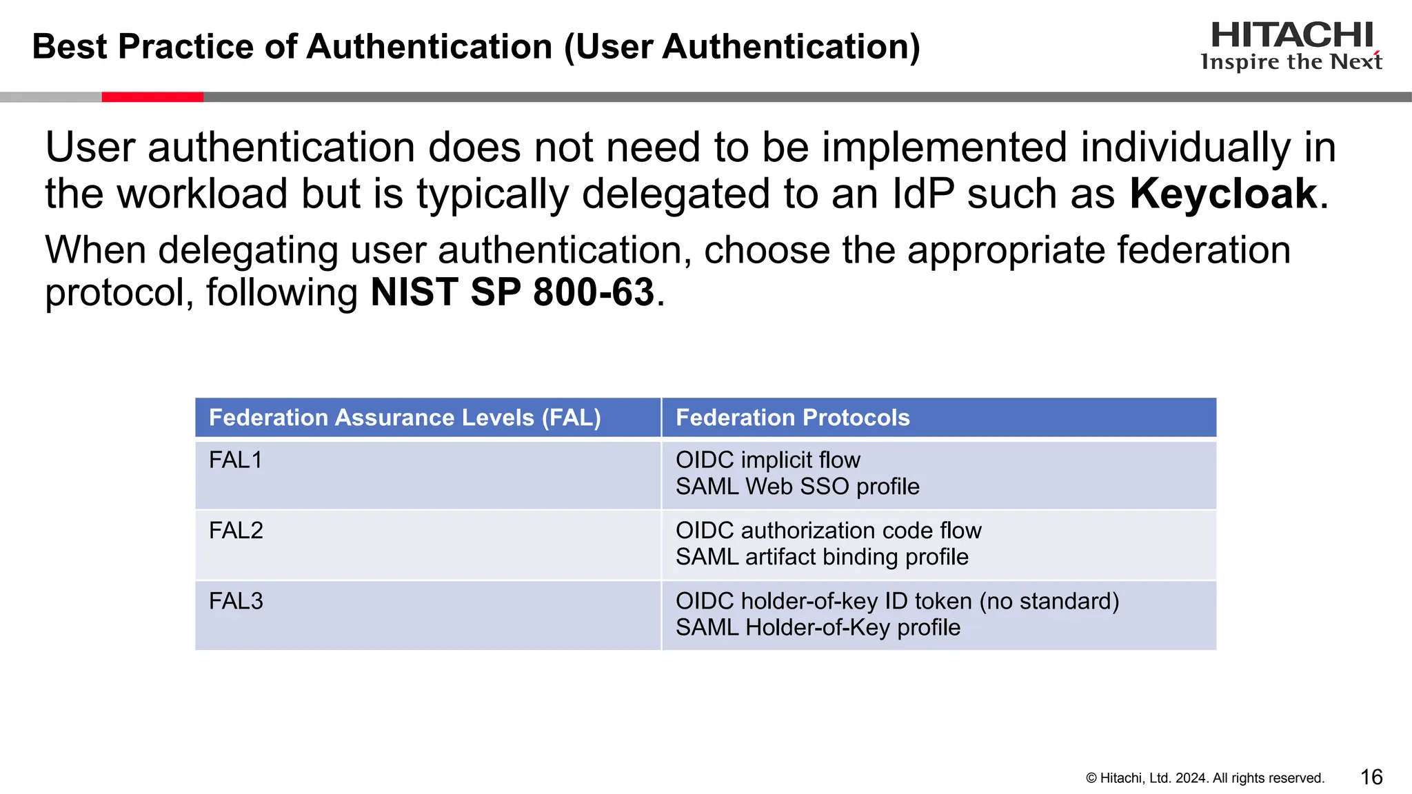 16 © Hitachi, Ltd. 2024. All rights reserved. Best Practice of Authentication (User Authentication) User authentication does not need to be implemented individually in the workload but is typically delegated to an IdP such as Keycloak. When delegating user authentication, choose the appropriate federation protocol, following NIST SP 800-63. Federation Assurance Levels (FAL) Federation Protocols FAL1 OIDC implicit flow SAML Web SSO profile FAL2 OIDC authorization code flow SAML artifact binding profile FAL3 OIDC holder-of-key ID token (no standard) SAML Holder-of-Key profile 