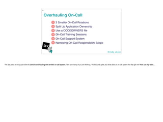 @molly_struve
Overhauling On-Call
99
1
2
3
4
3 Smaller On-Call Rotations
Split Up Application Ownership
5
Use a CODEOWNERS...
