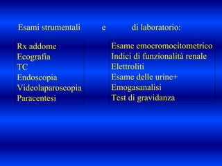 Esami strumentali e di laboratorio:
Rx addome
Ecografia
TC
Endoscopia
Videolaparoscopia
Paracentesi
Esame emocromocitometrico
Indici di funzionalità renale
Elettroliti
Esame delle urine+
Emogasanalisi
Test di gravidanza
 