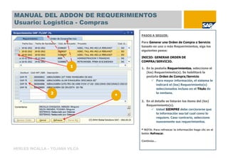 MANUAL DEL ADDON DE REQUERIMIENTOS
Usuario: Logística - Compras

                                PASOS A SEGUIR:

                                Para Generar una Orden de Compra o Servicio
                                basado en uno o más Requerimientos, siga los
                                siguientes pasos:

                                INICIO: GENERAR ORDEN DE
                                COMPRA/SERVICIO.

                                1. En la pestaña Requerimientos, seleccione el
                                   (los) Requerimiento(s). Se habilitará la
                                   pestaña Orden de Compra/Servicio
                                          Para mayor información, el sistema le
                                          indicará el (los) Requerimiento(s)
                                          seleccionados incluso en el Título de
                                          la ventana.

                                2. En el detalle se listarán los items del (los)
                                   Requerimiento(s).
                                          Usted SIEMPRE debe cerciorarse que
                                          la información sea tal cual como lo
                                          requiere. Caso contrario, seleccione
                                          nuevamente sus requerimientos.

                                * NOTA: Para refrescar la información haga clic en el
                                botón Refrescar.

                                Continúa…

HERLES INCALLA – YOJANA VILCA
 
