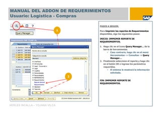 MANUAL DEL ADDON DE REQUERIMIENTOS
Usuario: Logística - Compras

                                        PASOS A SEGUIR:

                                1       Para Imprimir los reportes de Requerimientos
                                        disponibles, siga los siguientes pasos:

                                        INICIO: IMPRIMIR REPORTE DE
                                        REQUERIMIENTOS.

                                        1. Haga clic en el ícono Query Manager… de la
                                           barra de herramientas.
                                                  Caso contrario, haga clic en el menú
                                                  Herramientas -> Consultas -> Query
                                                  Manager…
                                        2. Finalmente seleccione el reporte y haga clic
                                           en el botón OK e ingrese los parámetros
                                           requeridos.
                                                  El sistema le mostrará la información
                                                  solicitada.
                                    2
                                        FIN: IMPRIMIR REPORTE DE
                                        REQUERIMIENTOS.




HERLES INCALLA – YOJANA VILCA
 