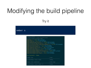 Modifying the build pipeline
Try it
ember s
 