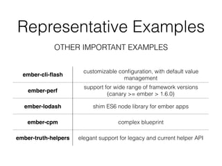 Representative Examples
OTHER IMPORTANT EXAMPLES
ember-cli-ﬂash
customizable conﬁguration, with default value
management
ember-perf
support for wide range of framework versions
(canary >= ember > 1.6.0)
ember-lodash shim ES6 node library for ember apps
ember-cpm complex blueprint
ember-truth-helpers elegant support for legacy and current helper API
 
