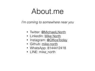 About.me
I’m coming to somewhere near you
• Twitter: @MichaelLNorth
• LinkedIn: Mike North
• Instagram: @OfﬁceToday
• Github: mike-north
• WhatsApp: 8144412418
• LINE: mike_north
 