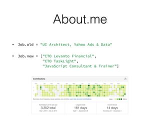 About.me
• Job.old = "UI Architect, Yahoo Ads & Data"
• Job.new = ["CTO Levanto Financial", 
"CTO TaskLight", 
"JavaScript Consultant & Trainer”]
 