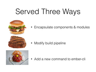 Served Three Ways
• Encapsulate components & modules
• Modify build pipeline
• Add a new command to ember-cli
 