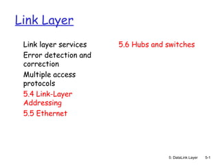 5: DataLink Layer 5-1
Link Layer
Link layer services
Error detection and
correction
Multiple access
protocols
5.4 Link-Layer
Addressing
5.5 Ethernet
5.6 Hubs and switches
 