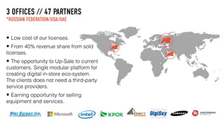 3 OFFICES // 47 PARTNERS
*RUSSIAN FEDERATION/USA/UAE
• Low cost of our licenses.
• From 40% revenue share from sold
licenses.
• The opportunity to Up-Sale to current
customers. Single modular platform for
creating digital in-store eco-system.
The clients does not need a third-party
service providers.
• Earning opportunity for selling
equipment and services.
 