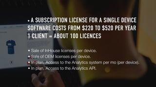 • A SUBSCRIPTION LICENSE FOR A SINGLE DEVICE
SOFTWARE COSTS FROM $220 TO $520 PER YEAR
1 CLIENT = ABOUT 100 LICENCES
• Sale of InHouse licenses per device.
• Sale of OEM licenses per device.
• In plan. Access to the Analytics system per mo (per device).
• In plan. Access to the Analytics API.
 