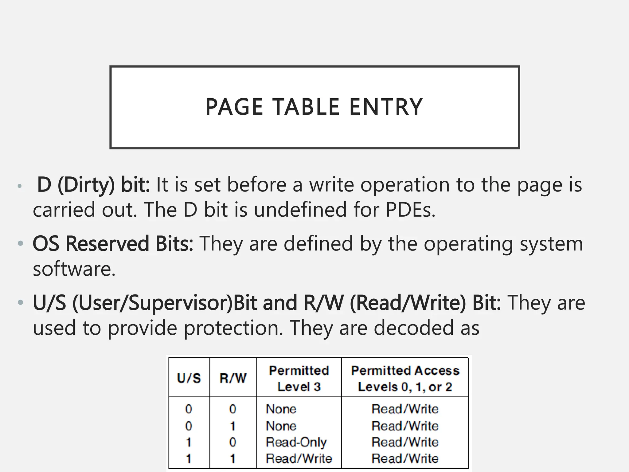 PAGE TABLE ENTRY
• D (Dirty) bit: It is set before a write operation to the page is
carried out. The D bit is undefined for PDEs.
• OS Reserved Bits: They are defined by the operating system
software.
• U/S (User/Supervisor)Bit and R/W (Read/Write) Bit: They are
used to provide protection. They are decoded as
 