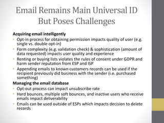 Email Remains Main Universal ID
But Poses Challenges
Acquiring email intelligently
• Opt-in process for obtaining permission impacts quality of user (e.g.
single vs. double opt-in)
• Form complexity (e.g. validation check) & sophistication (amount of
data requested) impacts user quality and experience
• Renting or buying lists violates the rules of consent under GDPR and
harm sender reputation from ESP and ISP
• Appending emails to known customers records can be used if the
recipient previously did business with the sender (i.e. purchased
something)
Managing the email database
• Opt-out process can impact unsubscribe rate
• Hard bounces, multiple soft bounces, and inactive users who receive
emails impact deliverability
• Emails can be used outside of ESPs which impacts decision to delete
records
 