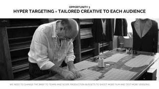 OPPORTUNITY 3
HYPER TARGETING = TAILORED CREATIVE TO EACH AUDIENCE
WE NEED TO CHANGE THE BRIEF TO TEAMS AND SCOPE PRODUCTION BUDGETS TO SHOOT MORE FILM AND TEST MORE VERSIONS
 