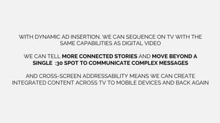 WITH DYNAMIC AD INSERTION, WE CAN SEQUENCE ON TV WITH THE
SAME CAPABILITIES AS DIGITAL VIDEO
WE CAN TELL MORE CONNECTED STORIES AND MOVE BEYOND A
SINGLE :30 SPOT TO COMMUNICATE COMPLEX MESSAGES
AND CROSS-SCREEN ADDRESSABILITY MEANS WE CAN CREATE
INTEGRATED CONTENT ACROSS TV TO MOBILE DEVICES AND BACK AGAIN
 