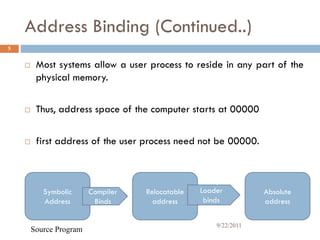 Address Binding (Continued..)
5
 Most systems allow a user process to reside in any part of the
physical memory.
 Thus, address space of the computer starts at 00000
 first address of the user process need not be 00000.
Symbolic
Address
Compiler
Binds
Relocatable
address
Linkage
Loader
binds
Binds
Absolute
address
Source Program
9/22/2011
 