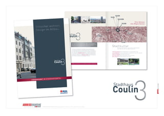 © BRANDS AND FRIENDS Markenmanagement GmbH, Juli 2011, alle Rechte vorbehalten 
Es lebe die Stadt, es lebe Linz. Und es lebe das vielfältige Angebot nicht das Alte historisieren und behübschen, sondern die Qualitäten den-ken. Das schafft eigenständige Immobilien mit Qualität und Charakter. Die Grundrisse im 
Stadthaus Coulin3 sind auf moderne Wohnwünsche Dach-wohnungen. 
Ihr Eigentum im 
Stadthaus Coulin3 ist als innerstädtische Top-Immobilie eine besonders werthaltige Investition. Das Coulin3 hat alles in unmittelbarer Nähe, was man für seine Zufriedenheit braucht: Nahversorger, Bäckerei, Musiktheater, Park, Eine Adresse. Alle Möglichkeiten. 
Coulin3 Stadthaus 
Sehnsucht nach Kultur? Das neue Musiktheater ist ein paar Minuten entfernt. Lust auf Stadtleben? Ein kurzer Spaziergang zur Lebensader der Linzer, der Landstraße. Natur und Sport? Bauernberg und Gugl vor der Haustür. Hauptplatz 
Altstadt 
gepflegtes Stadtleben 
Kunst & Kultur Verkehrsanbindung Stadtleben 
Musiktheater 
Park 
Natur 
Bahnhof 
Autobahn 
Sport/Event 
Kunst & Kultur 
Altbau-Architektur als modernes Design-Statement. © Terry Pawson 
Foto: Daniel Friesenecker 
Die moderne Philosophie bei der Entwicklung von Altbauten sagt: der bestehenden Substanz erkennen und weitsichtig in die Zukunft den 
ken. ausgerichtet. Das Haus ist aufgestockt mit großzügig verglasten Dach 
wohnungen. Bibliothek, Landstraße, Gastronomie, reserviertes Parkhaus, Straßenbahn und alle anderen Verkehrsanbindungen. 
Coulin 3CoulinStadthaus 
L EBENSKUNST IM STOCKHOFVIERTEL 
S tilsicher wohnen, 
D esign im Altbau. 
Coulin3 Stadthaus 
Stadtkultur 
dieser Stadt, das erlebt und ausgekostet werden will. Hunger nach Bildung? Der Wissensturm, ganz nah. Raus aus der Stadt? Bahnhof und Autobahn sind fast um die Ecke. 
Das Musiktheater Natur und Erholung 
Architects 
Foto: Daniel Friesenecker 
 