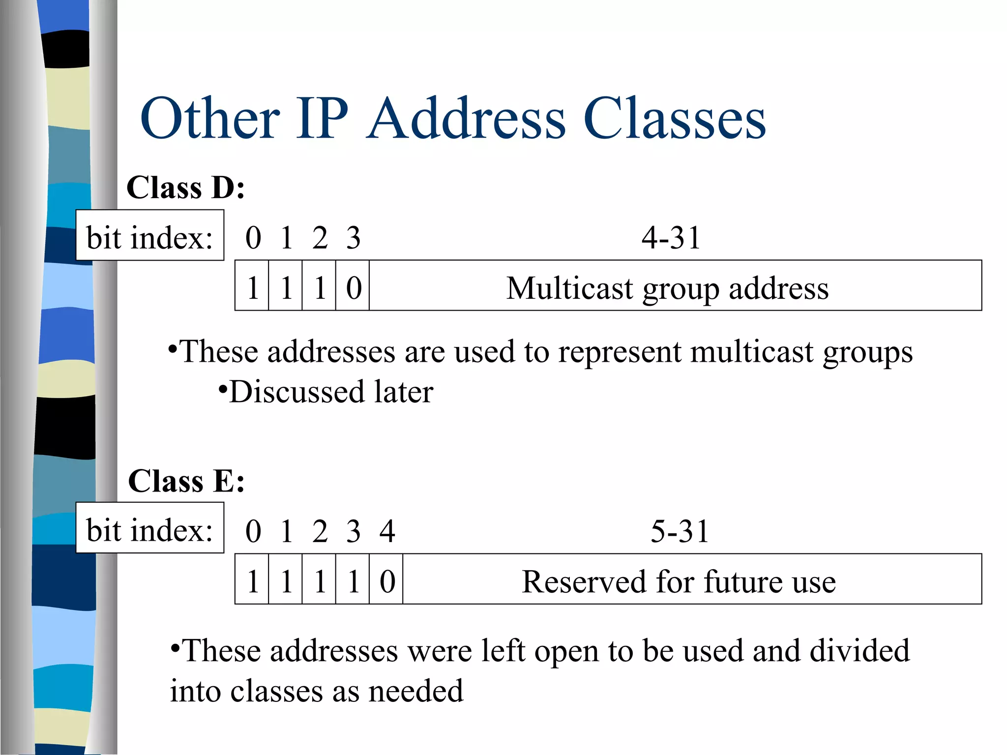 Other IP Address Classes
    Class D:
bit index: 0 1 2 3                     4-31
            1 1 1 0          Multicast group address
     •These addresses are used to represent multicast groups
        •Discussed later

    Class E:
bit index: 0 1 2 3 4                   5-31
            1 1 1 1 0          Reserved for future use
     •These addresses were left open to be used and divided
     into classes as needed
 