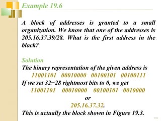 Example 19.6 
A block of addresses is granted to a small 
organization. We know that one of the addresses is 
205.16.37.39/28. What is the first address in the 
block? 
Solution 
The binary representation of the given address is 
19.16 
11001101 00010000 00100101 00100111 
If we set 32−28 rightmost bits to 0, we get 
11001101 00010000 00100101 0010000 
or 
205.16.37.32. 
This is actually the block shown in Figure 19.3. 
 