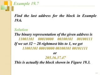 Example 19.7 
Find the last address for the block in Example 
19.6. 
Solution 
The binary representation of the given address is 
11001101 00010000 00100101 00100111 
If we set 32 − 28 rightmost bits to 1, we get 
19.17 
11001101 00010000 00100101 00101111 
or 
205.16.37.47 
This is actually the block shown in Figure 19.3. 
 