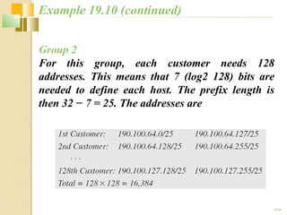 19.34 
Example 19.10 (continued) 
Group 2 
For this group, each customer needs 128 
addresses. This means that 7 (log2 128) bits are 
needed to define each host. The prefix length is 
then 32 − 7 = 25. The addresses are 
 