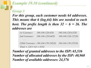 Example 19.10 (continued) 
Group 3 
For this group, each customer needs 64 addresses. 
This means that 6 (log264) bits are needed to each 
host. The prefix length is then 32 − 6 = 26. The 
addresses are 
19.35 
Number of granted addresses to the ISP: 65,536 
Number of allocated addresses by the ISP: 40,960 
Number of available addresses: 24,576 
 