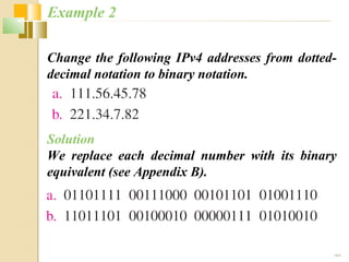 Example 2 
Change the following IPv4 addresses from dotted-decimal 
19.5 
notation to binary notation. 
Solution 
We replace each decimal number with its binary 
equivalent (see Appendix B). 
 