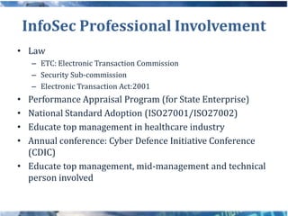 InfoSec Professional Involvement
• Law
     – ETC: Electronic Transaction Commission
     – Security Sub-commission
     – Electronic Transaction Act:2001
• Performance Appraisal Program (for State Enterprise)
• National Standard Adoption (ISO27001/ISO27002)
• Educate top management in healthcare industry
• Annual conference: Cyber Defence Initiative Conference
  (CDIC)
• Educate top management, mid-management and technical
  person involved
 