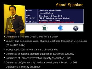 About Speaker
                   Name:           Chaiyakorn Apiwathanokul
                                   ไชยกร อภิวัฒโนกุล
                   Title:          Chief Security Officer (CSO)
                   Company:        PTT ICT Solutions Company Limited
                                   A Company of PTT Group
                   Certificates:   ISC2:CISSP, IRCA:ISMS (ISO27001), SANS:GCFA




• Contribute to Thailand Cyber Crime Act B.E.2550
• Security Sub-commission under Thailand Electronic Transaction Commission
  (ET Act B.E. 2544)
• Workgroup for CA service standard development
• Committee of national standard adoption of ISO27001/ISO27002
• Committee of Thailand Information Security Association (TISA)
• Committee of Cybersecurity taskforce development, Division of Skill
  Development, Ministry of Labour
 