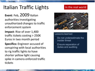 Italian Traffic Lights                       In the real world

Event: Feb, 2009 Italian
authorities investigating
unauthorized changes to traffic
enforcement system
Impact: Rise of over 1,400
                                    Lessons learned:
traffic tickets costing > 250K
                                     Do not underestimate the
Euros in two month period             insider threat
Specifics: Engineer accused of       Ensure separation of
conspiring with local authorities     duties and auditing
to rig traffic lights to have
shorter yellow light causing
spike in camera enforced traffic
tickets
 
