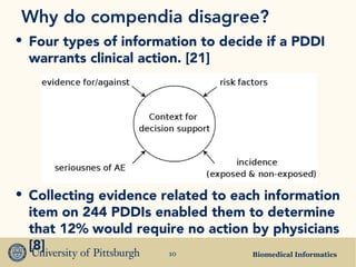 Biomedical Informatics10
Why do compendia disagree?
• Four types of information to decide if a PDDI
warrants clinical action. [21]
• Collecting evidence related to each information
item on 244 PDDIs enabled them to determine
that 12% would require no action by physicians
[8]
 