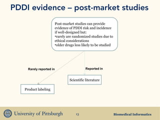 Biomedical Informatics13
PDDI evidence – post-market studies
Post-market studies can provide
evidence of PDDI risk and incidence
if well-designed but:
•rarely are randomized studies due to
ethical considerations
•older drugs less likely to be studied
Product labeling
Scientific literature
Reported inRarely reported in
 