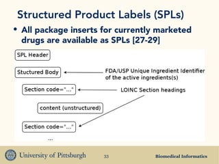 Biomedical Informatics33
Structured Product Labels (SPLs)
• All package inserts for currently marketed
drugs are available as SPLs [27-29]
 