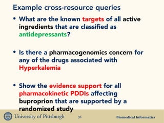 Biomedical Informatics36
Example cross-resource queries
• What are the known targets of all active
ingredients that are classified as
antidepressants?
• Is there a pharmacogenomics concern for
any of the drugs associated with
Hyperkalemia
• Show the evidence support for all
pharmacokinetic PDDIs affecting
buproprion that are supported by a
randomized study
 