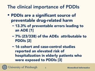 Biomedical Informatics5
The clinical importance of PDDIs
• PDDIs are a significant source of
preventable drug-related harm
– 13.3% of preventable errors leading to
an ADE [1]
– 7% (23/338) of the ADEs attributable to
PDDIs [2]
– 16 cohort and case-control studies
reported an elevated risk of
hospitalization in elderly patients who
were exposed to PDDIs [3]
 