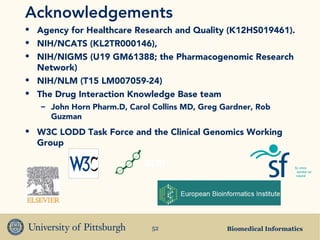 Biomedical Informatics52
Acknowledgements
• Agency for Healthcare Research and Quality (K12HS019461).
• NIH/NCATS (KL2TR000146),
• NIH/NIGMS (U19 GM61388; the Pharmacogenomic Research
Network)
• NIH/NLM (T15 LM007059-24)
• The Drug Interaction Knowledge Base team
– John Horn Pharm.D, Carol Collins MD, Greg Gardner, Rob
Guzman
• W3C LODD Task Force and the Clinical Genomics Working
Group
 