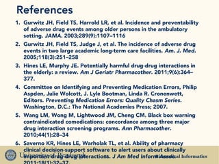 Biomedical Informatics53
References
1. Gurwitz JH, Field TS, Harrold LR, et al. Incidence and preventability
of adverse drug events among older persons in the ambulatory
setting. JAMA. 2003;289(9):1107–1116
2. Gurwitz JH, Field TS, Judge J, et al. The incidence of adverse drug
events in two large academic long-term care facilities. Am. J. Med.
2005;118(3):251–258
3. Hines LE, Murphy JE. Potentially harmful drug-drug interactions in
the elderly: a review. Am J Geriatr Pharmacother. 2011;9(6):364–
377.
4. Committee on Identifying and Preventing Medication Errors, Philip
Aspden, Julie Wolcott, J. Lyle Bootman, Linda R. Cronenwett,
Editors. Preventing Medication Errors: Quality Chasm Series.
Washington, D.C.: The National Academies Press; 2007.
5. Wang LM, Wong M, Lightwood JM, Cheng CM. Black box warning
contraindicated comedications: concordance among three major
drug interaction screening programs. Ann Pharmacother.
2010;44(1):28–34
6. Saverno KR, Hines LE, Warholak TL, et al. Ability of pharmacy
clinical decision-support software to alert users about clinically
important drug-drug interactions. J Am Med Inform Assoc.
 