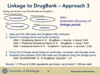 Biomedical Informatics68
Linkage to DrugBank – Approach 3
Starting with all data in the FDA UNII table and DrugBank….
1. Index all FDA UNII table and DrugBank XML attributes
2. Search for linkage points and score similarity:
UNII -> Substance Name  DrugBank -> brands -> brand: 0.94
UNII -> Preferred Substance Name  DrugBank -> name : 0.91
UNII -> Substance Name  DrugBank -> synonyms -> synonym : 0.83
…
3. Prune list of linkage points based on cardinality, coverage, and average score
4. Establish links between FDA UNII table and DrugBank using the linkage points
UNII “OLANZAPINE”   DrugBank “Zyprexa” : 1.0
…
Results: 1,179 out of 2,264 ingredients are linked, out of which 1,169 are valid
“N7U69T4SZR”
UNII
“OLANZAPINE”
Preferred Substance Name
“2-METHYL-4….”
Molecular Formula
“ZYPREXA”
synonym
Idea:
Automatic discovery of
linkage points
 