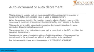Auto increment or auto decrement
www.advanced.edu.in
This is similar to register indirect mode except that the register is...