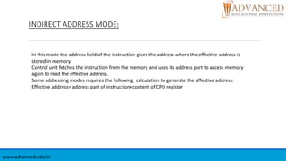 www.advanced.edu.in
INDIRECT ADDRESS MODE:
In this mode the address field of the instruction gives the address where the e...