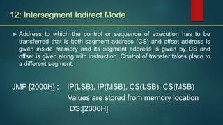 12: Intersegment Indirect Mode
 Address to which the control or sequence of execution has to be
transferred that is both segment address (CS) and offset address is
given inside memory and its segment address is given by DS and
offset is given along with instruction. Control of transfer takes place to
a different segment.
JMP [2000H] ; IP(LSB), IP(MSB), CS(LSB), CS(MSB)
Values are stored from memory location
DS:[2000H]
 