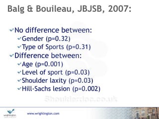 www.wrightington.com
Balg & Bouileau, JBJSB, 2007:
No difference between:
Gender (p=0.32)
Type of Sports (p=0.31)
Difference between:
Age (p=0.001)
Level of sport (p=0.03)
Shoulder laxity (p=0.03)
Hill-Sachs lesion (p=0.002)
29
 