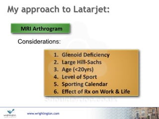 www.wrightington.com
My approach to Latarjet:
30
Considerations:
 