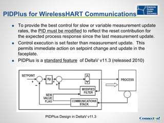 PIDPlus for WirelessHART Communications
     To provide the best control for slow or variable measurement update
      rates, the PID must be modified to reflect the reset contribution for
      the expected process response since the last measurement update.
     Control execution is set faster than measurement update. This
      permits immediate action on setpoint change and update in the
      faceplate.
     PIDPlus is a standard feature of DeltaV v11.3 (released 2010)




                   PIDPlus Design in DeltaV v11.3
 