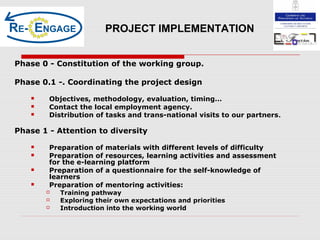 Phase 0 - Constitution of the working group.
Phase 0.1 -. Coordinating the project design
 Objectives, methodology, evaluation, timing…
 Contact the local employment agency.
 Distribution of tasks and trans-national visits to our partners.
Phase 1 - Attention to diversity
 Preparation of materials with different levels of difficulty
 Preparation of resources, learning activities and assessment
for the e-learning platform
 Preparation of a questionnaire for the self-knowledge of
learners
 Preparation of mentoring activities:
 Training pathway
 Exploring their own expectations and priorities
 Introduction into the working world
PROJECT IMPLEMENTATION
 