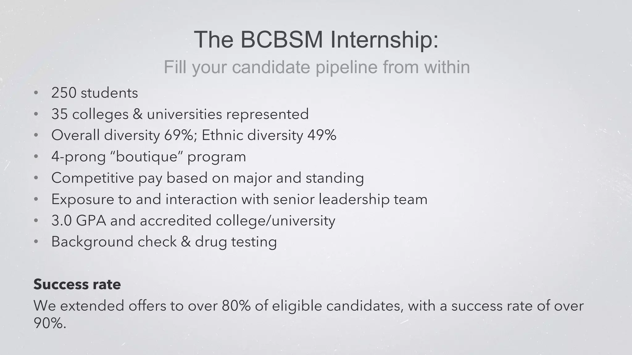 The BCBSM Internship: 
Fill your candidate pipeline from within 
• 250 students 
• 35 colleges & universities represented 
• Overall diversity 69%; Ethnic diversity 49% 
• 4-prong “boutique” program 
• Competitive pay based on major and standing 
• Exposure to and interaction with senior leadership team 
• 3.0 GPA and accredited college/university 
• Background check & drug testing 
Success rate 
We extended offers to over 80% of eligible candidates, with a success rate of over 
90%. 
 