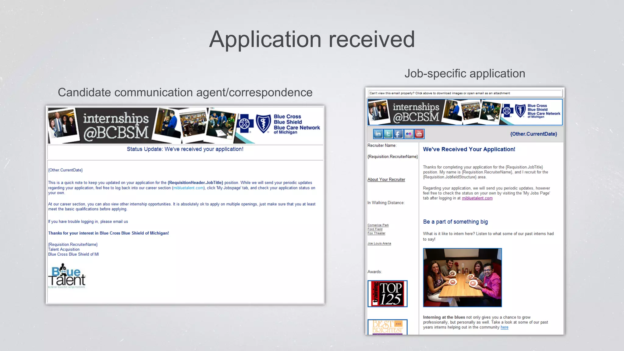 Application received 
Candidate communication agent/correspondence 
Job-specific application 
 