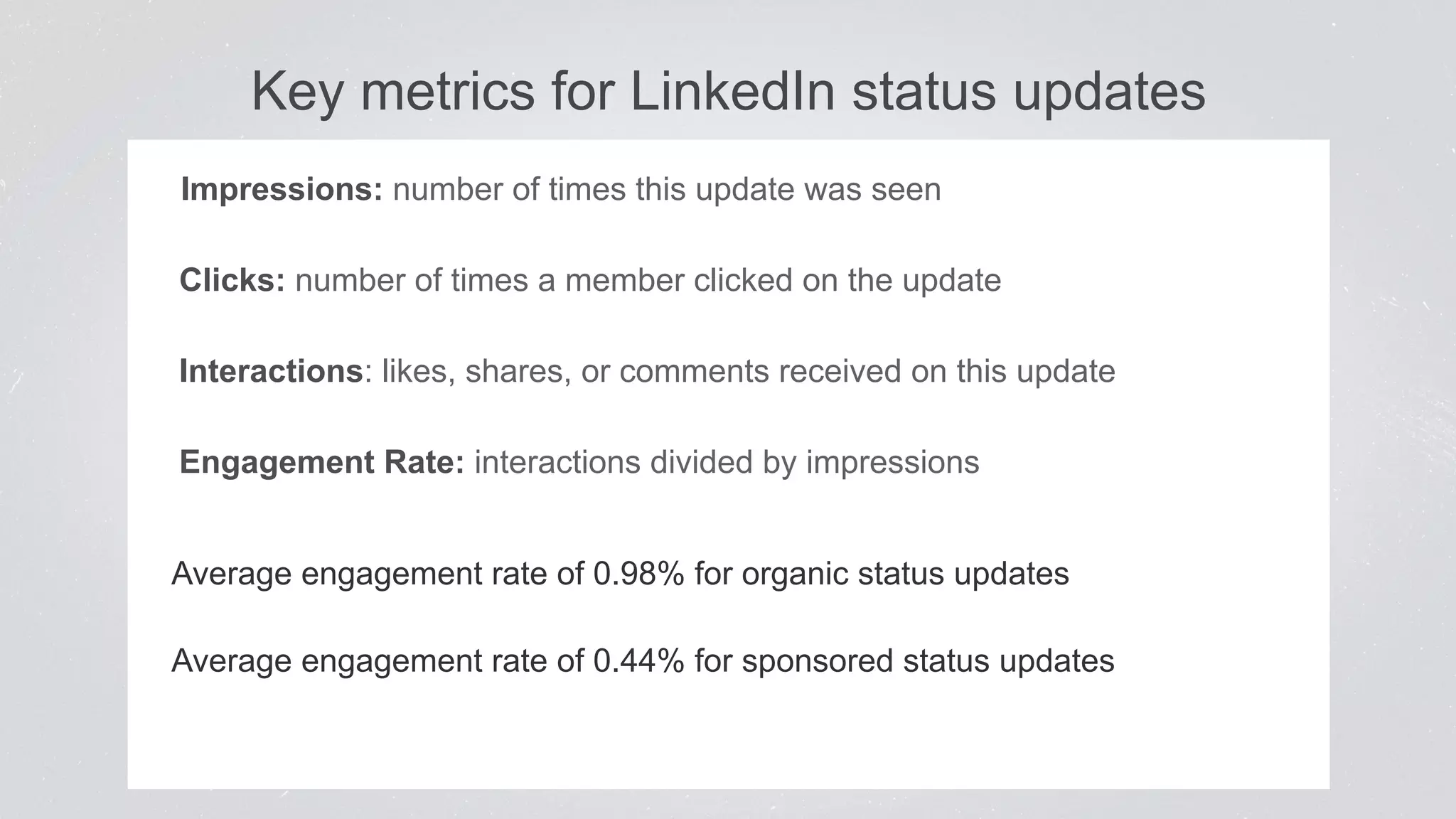 Key metrics for LinkedIn status updates 
Impressions: number of times this update was seen 
Clicks: number of times a member clicked on the update 
Interactions: likes, shares, or comments received on this update 
Engagement Rate: interactions divided by impressions 
Average engagement rate of 0.98% for organic status updates 
Average engagement rate of 0.44% for sponsored status updates 
 